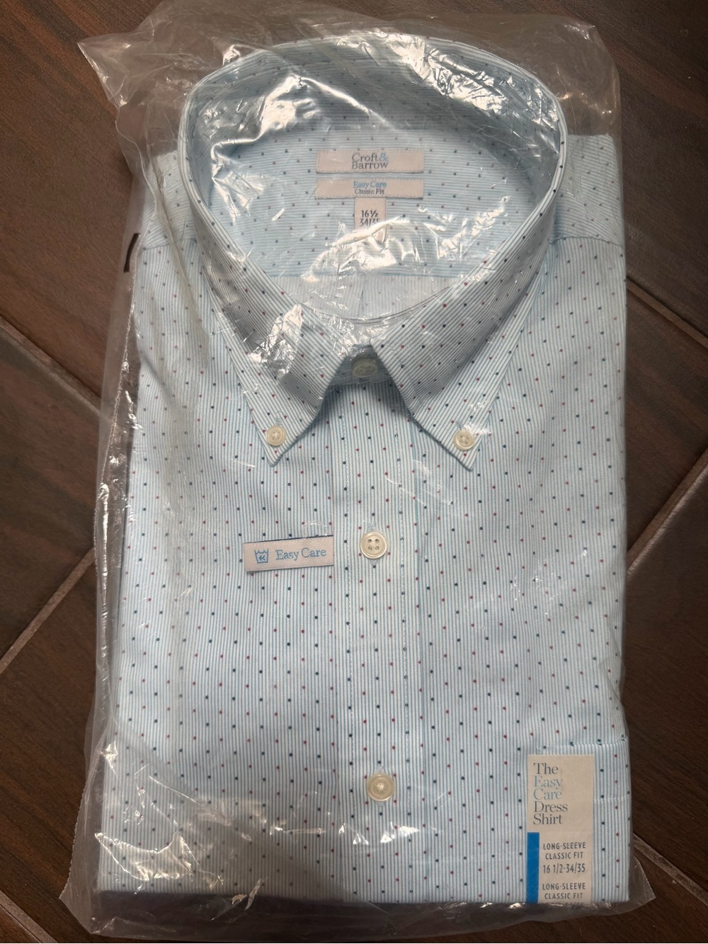NWT Croft & Barrow Light Blue Stripe Dots Easy Care Long Sleeve Shirt 16.5/34-35